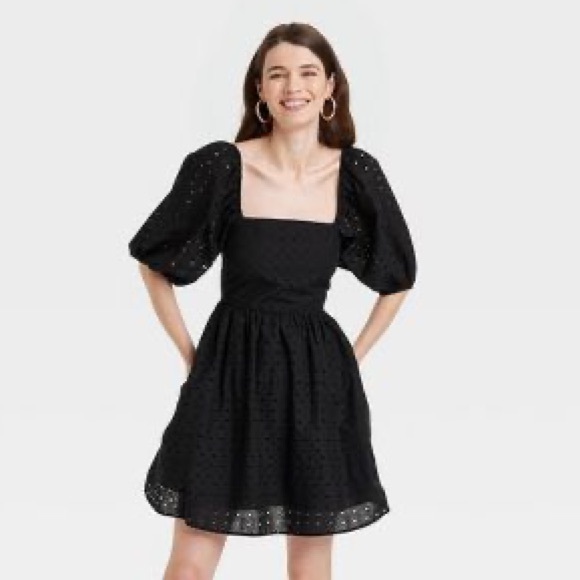 black square neck puff sleeve dress ON SALE SIZE 6 Ashley Lauren 4534 Scuba Cocktail Midi Dress 18 / Black main image 0
